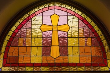 Poster - a stained-glass window depicting a golden cross, surrounded by warm-toned, multicolored glass panels