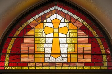 Poster - a stained-glass window depicting a radiant cross, symbolizing faith and spirituality.