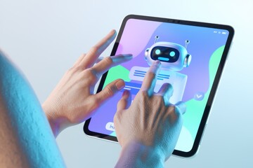 Poster - Human hands interact with a chatbot on a tablet, utilizing AI for communication and task automation.