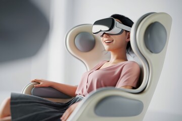 Poster - A woman smiles while experiencing immersive virtual reality in a comfortable, modern chair.