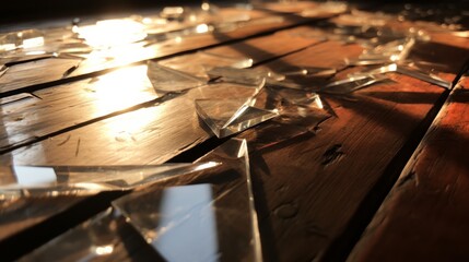Aufkleber - Shattered reflections scatter across wooden floor in warm afternoon light. Generative AI