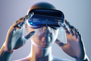 Poster - A humanoid robot interacts with a transparent holographic display via a VR headset, showcasing futuristic technology.