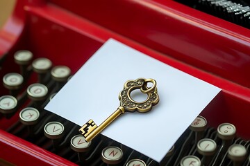 A key-shaped pendant in antique brass on a red vintage typewriter with white paper.