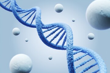 Poster - A 3D model of a DNA double helix, surrounded by white spheres, representing genetic code and cellular processes.