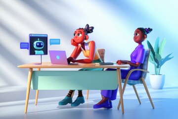 Aufkleber - Two cartoon women work together using a laptop and chatbot on a screen for communication and collaboration.