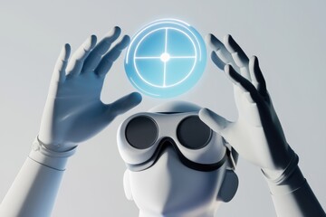 Poster - A robotic figure wearing goggles interacts with a futuristic, glowing holographic interface.