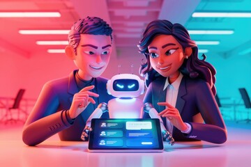 Poster - Two businesspeople collaborate with a robot using a tablet displaying a user interface.
