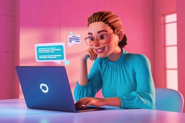 Poster - A happy cartoon woman uses a laptop, engaging in online communication and coding.