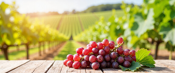 Symbolic grape cluster on rustic wooden table in vineyard, abundance