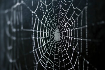 detailed spider web with dewdrops, delicate silk strands, dark moody background, intricate nature pattern, mysterious and artistic macro photography shot.