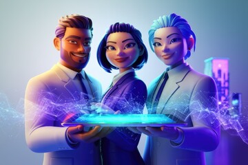 Poster - Three diverse business professionals collaborate on a digital tablet, showcasing teamwork and technological integration.
