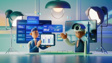 Aufkleber - Two 3D cartoon businessmen present data analytics on tablets and computer screens in a modern office setting.