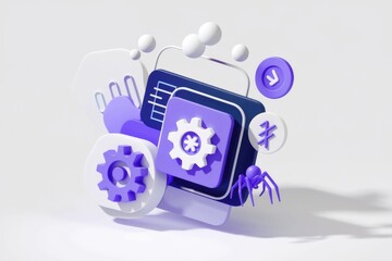 Poster - Abstract 3D illustration of software development with gears, spider, and interface elements.