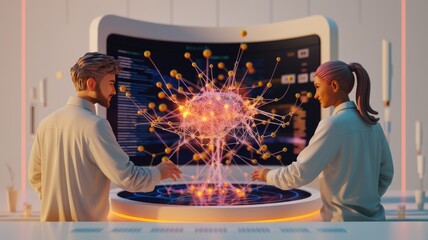 Poster - Two scientists collaborate on a complex neural network visualization, exploring data connections and patterns.