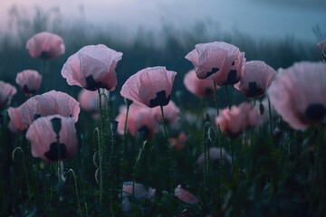 Poster - A picturesque scene of a field filled with pink flowers against a bright blue sky, suitable for use as a wallpaper or in a design project