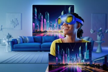 Poster - Woman wearing VR headset experiences a vibrant cityscape, showcasing immersive technology and urban landscapes.