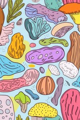 Poster - A collection of colorful mushrooms against a blue background, great for use in illustrations, designs and more