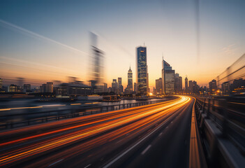 Poster - City lights and skyscrapers captured at high speed with motion blur, featuring glowing orange and yellow light trails that curve into the horizon at sunset. hd image