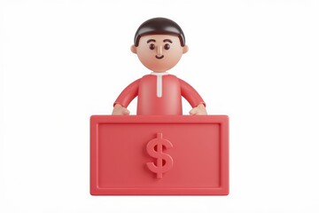 Poster - A 3D cartoon man in red clothing stands behind a large red dollar sign.