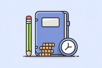 Poster - Notebook, pencil, coins, and clock symbolize productivity, planning, and time management.