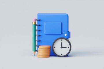 Poster - 3D render of a blue notebook, pencil, clock, and coins symbolizing time management and planning.