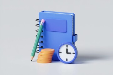 Poster - A blue spiral notebook, pencil, coins, and a clock symbolize time management, planning, and financial goals.