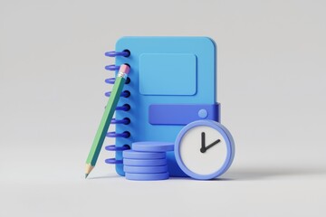 Poster - 3D rendering of a notebook, pencil, coins, and clock symbolizing time management and planning.