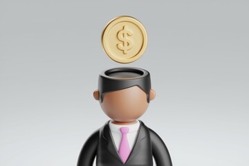 Poster - A 3D rendering of a businessman with a gold dollar coin above his open head, symbolizing financial intelligence.
