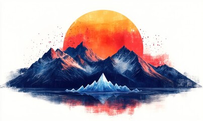 Poster - Sunset, mountains, icy peaks, water reflection.