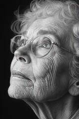 Canvas Print - Close-up, elderly woman, glasses, wrinkled face, gazing upward.