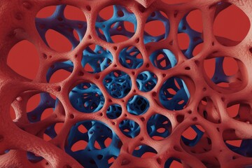 Poster - Abstract 3D rendering of a red and blue organic structure with a porous surface.
