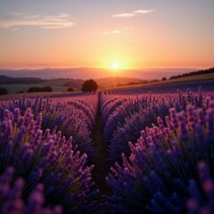  Lavender field at sunset, serene countryside landscape with vibrant colors