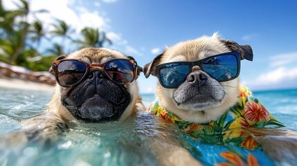 Wall Mural - Two pugs wearing sunglasses relax in a pool, surrounded by tropical scenery, embodying a fun and carefree summer vibe.