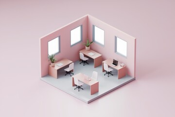 Poster - A minimalist office with four workstations  pink walls and desks.