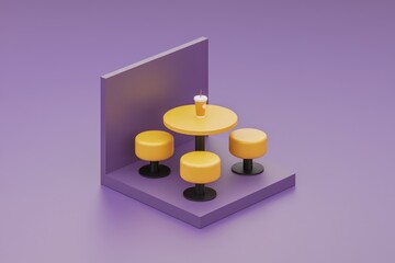 Poster - A minimalist coffee shop with a round table and stools.