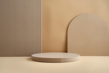 Poster - Minimalist beige background with circular podium for product display.