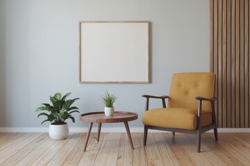 Wall Mural - a minimalist living room with a yellow armchair a wooden coffee table and a framed picture.