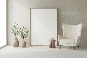 Wall Mural - minimalist interior design with a white armchair plants and a large empty frame.