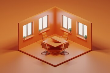 Poster - Minimalist orange office interior with four chairs and a table.