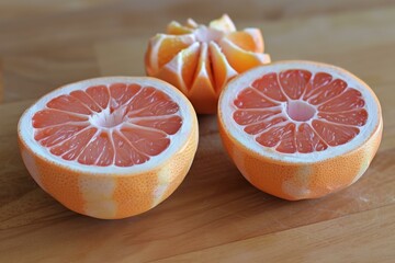 Poster - Freshly cut grapefruit showing segments and peeled orange segments resting on a wooden cutting board