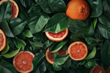 Poster - Sliced grapefruits and green leaves form a colorful and natural backdrop, ideal for food and wellness projects