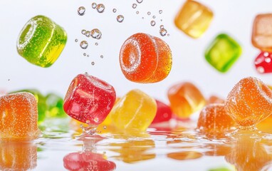 Floating colorful jelly candies with splashes of sugar syrup mid-air on a white surface.