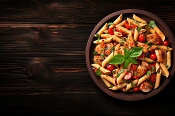 Italian pasta dish with chicken and vegetables on wooden table Top view with blank area