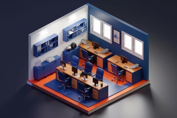 Poster - A minimalist 3D rendering of a modern office space with blue and orange accents.