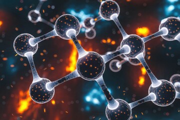 Poster - 3D molecular structure with glowing orbs against abstract backdrop.