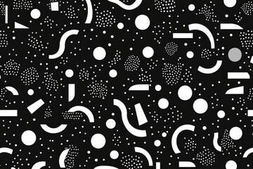 Poster - a black and white geometric pattern featuring circles, dots, and shapes