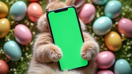 Easter bunny portrait holding chroma key phone in paws with eggs, phone with green screen. vertical mock up for advertising, Rabbit using showing smartphone, online shopping, care, pet goods