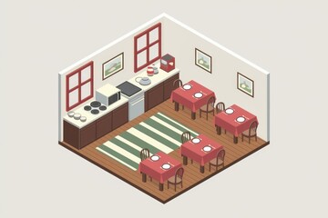 Wall Mural - isometric view of a kitchen with dining tables and chairs