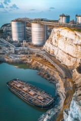 Wall Mural - a large body of water meets the base of a steep cliff, suitable for use in travel or landscape photo