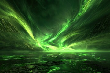 Wall Mural - wavy green aurora borealis illuminating an alien planet landscape creating a surreal atmosphere